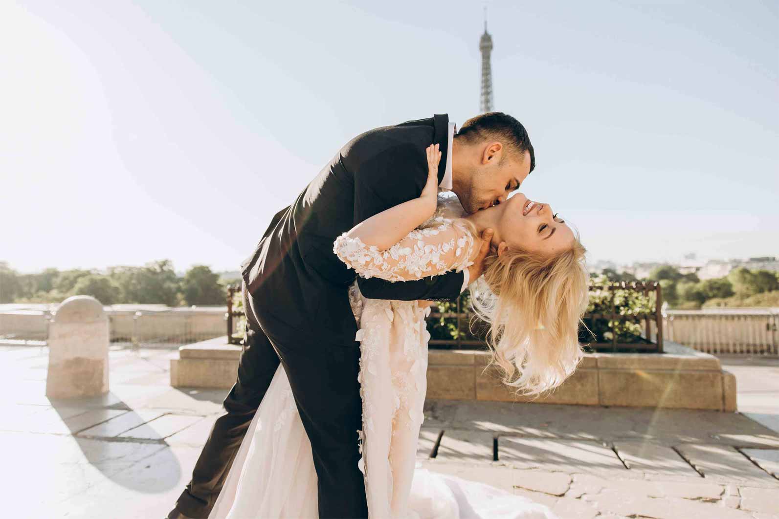 A photo of a happy bride and groom