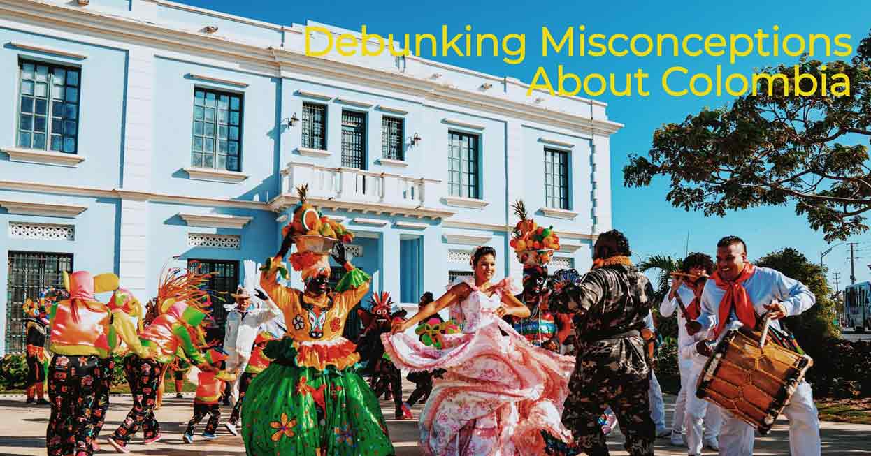 A photo of Colombians in festive costumes gathering at a local festival